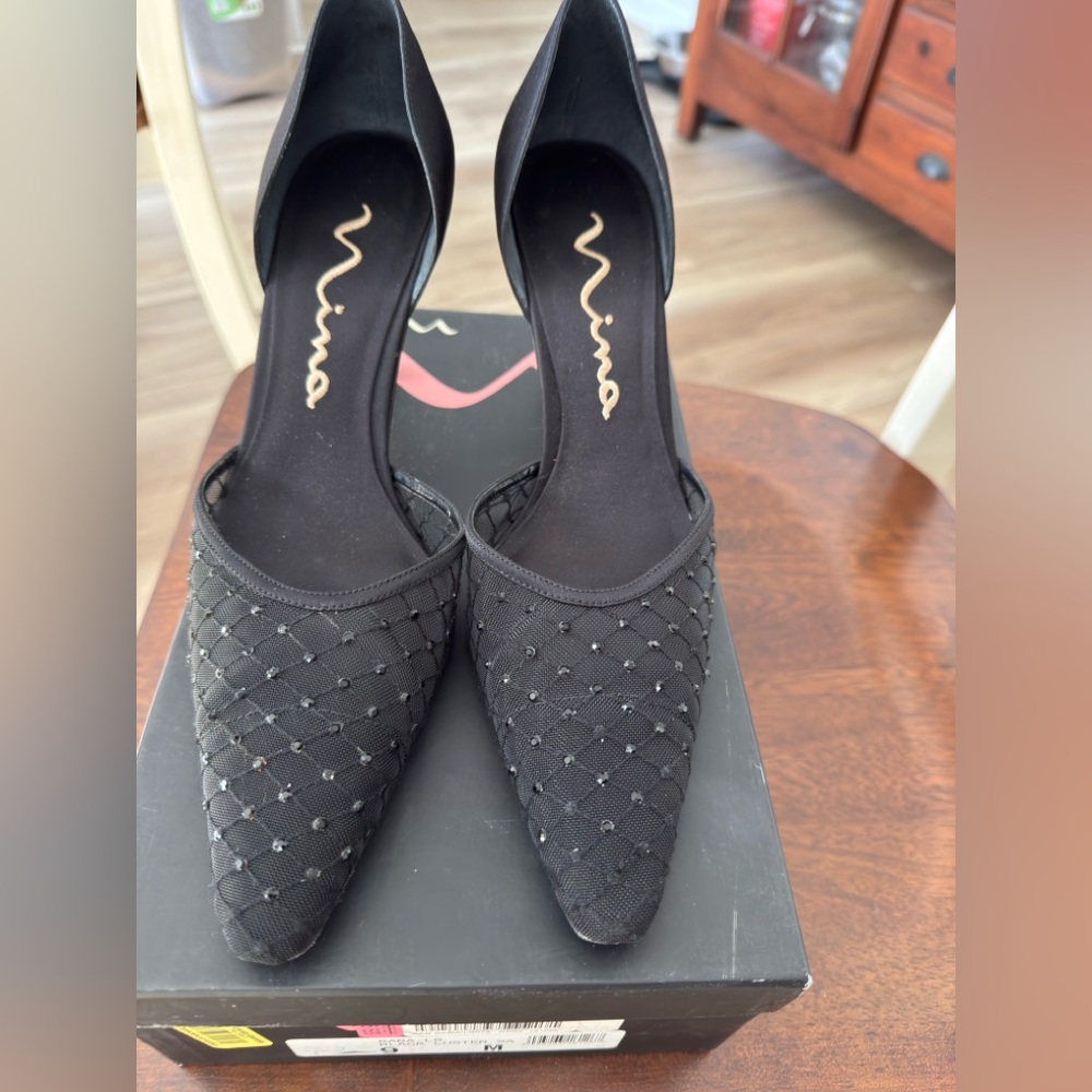 Nina Black Beaded Mesh Heels
